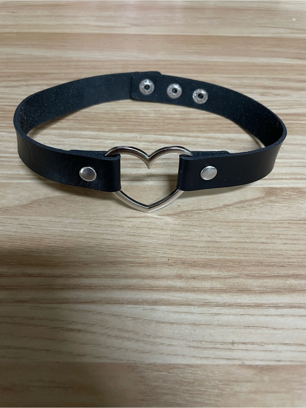 Black Vegan Leather Heart Choker Necklace Silver Heart Adjustable 3 Snap